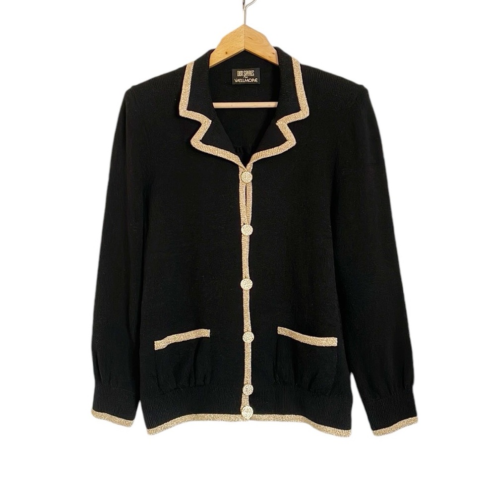 Vintage Don Sayres for Wellmore Black Gold Trim Wool Blend Knit Cardigan Sweater